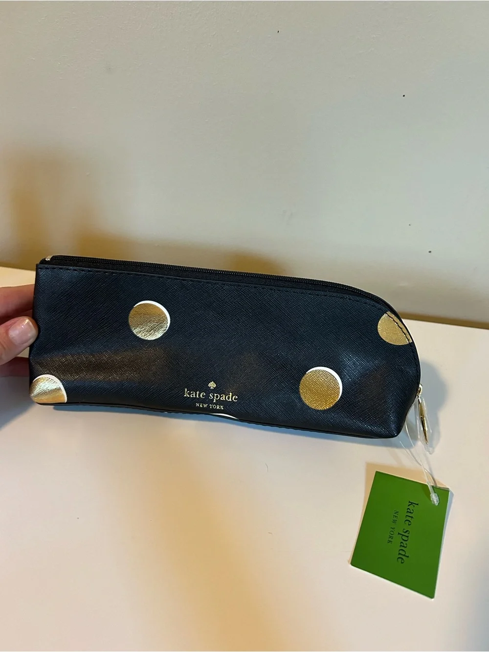 Kate Spade Black Pencil Pouch with Gold Polka Dots